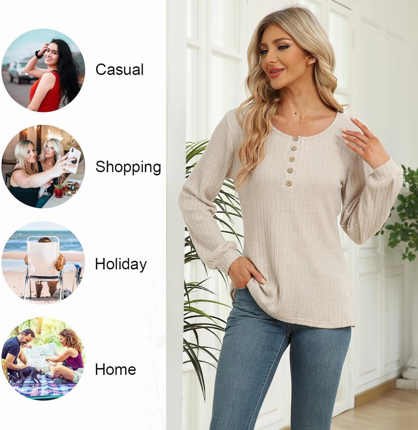 DB MOON Womens Lightweight Sweaters 2025 Long Sleeve Henley Shirt Fall Casual Crewneck Tunic Tops
