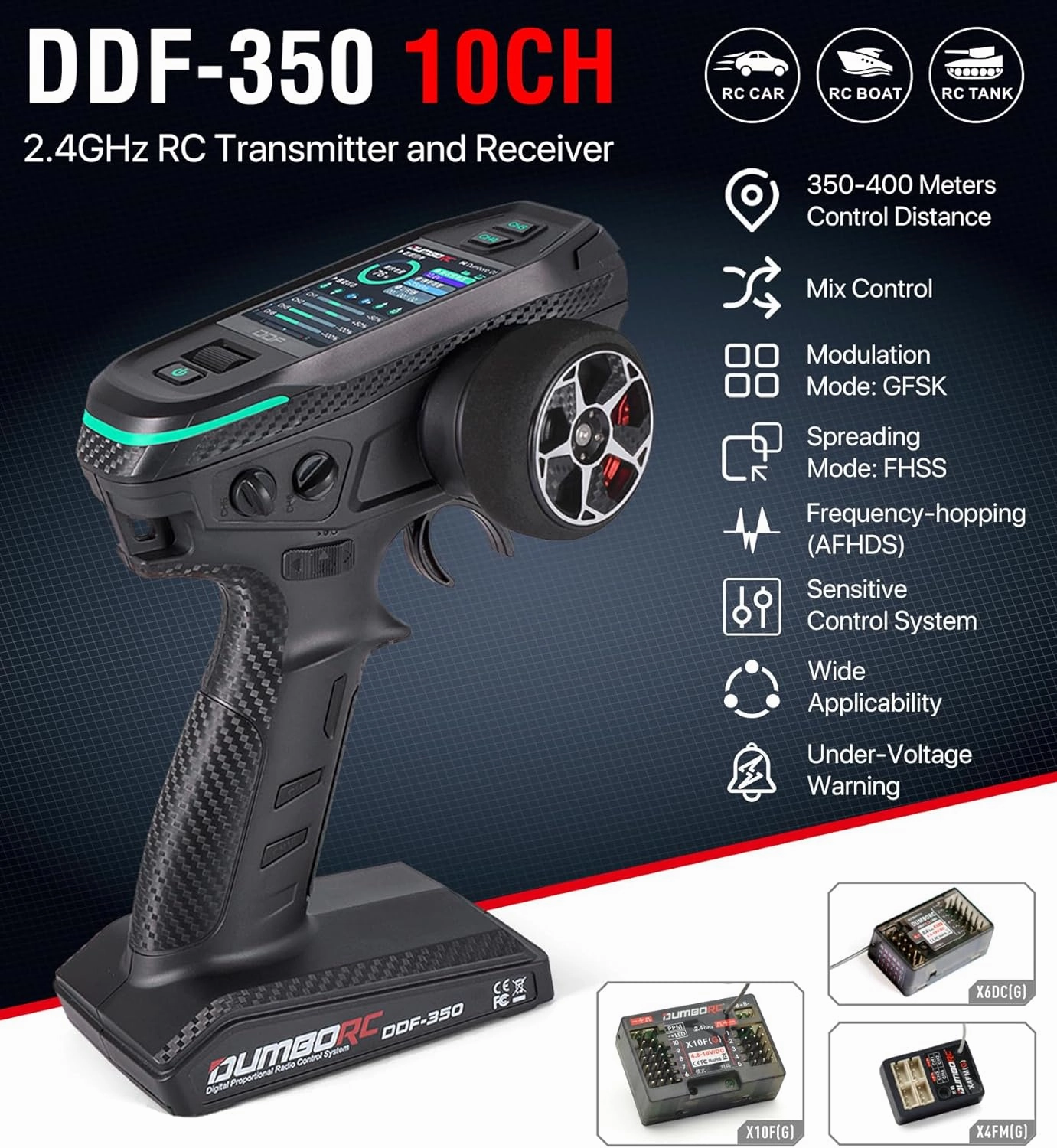 DDF-350 with X10F RC Radio Transmitter and Receiver 10 Channel HD Screen 10CH Remote Controller for RC Car Truck Crawler Boat Tank