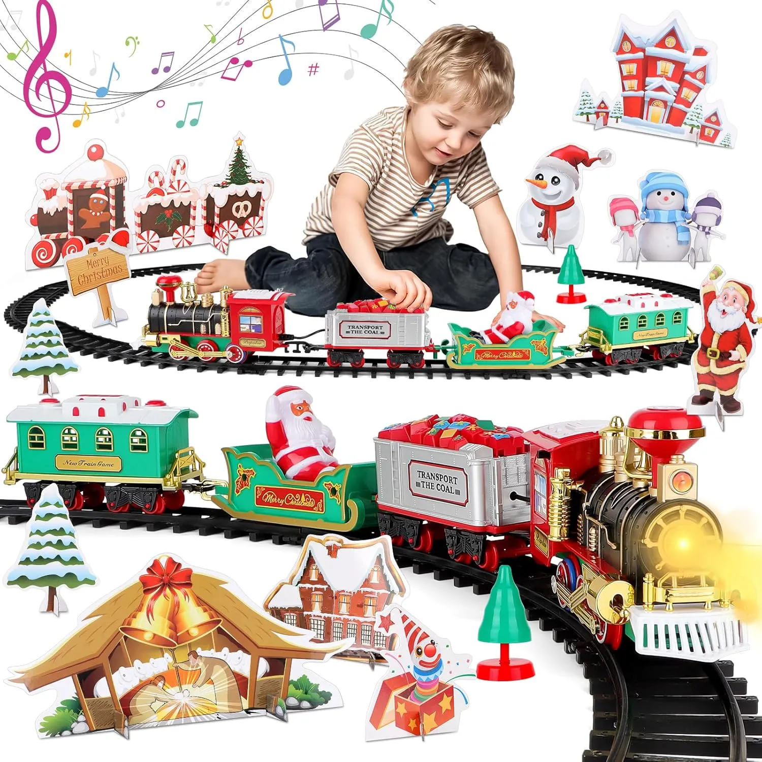 deAO Christmas Classic Train Set for Kids with Headlight, Realistic Sounds, 4 Cars Carriage and10 Tracks,Gift for Christmas Décor Under The Christmas Tree
