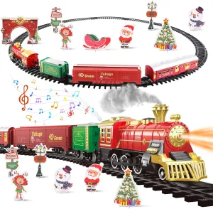 deAO Train Set Christmas Train Set Toys for Kids with Smoke, Light and Sound, Christmas Tree Train Toys, Tracks,Electric Train Track Playset for Boys Girls 3 