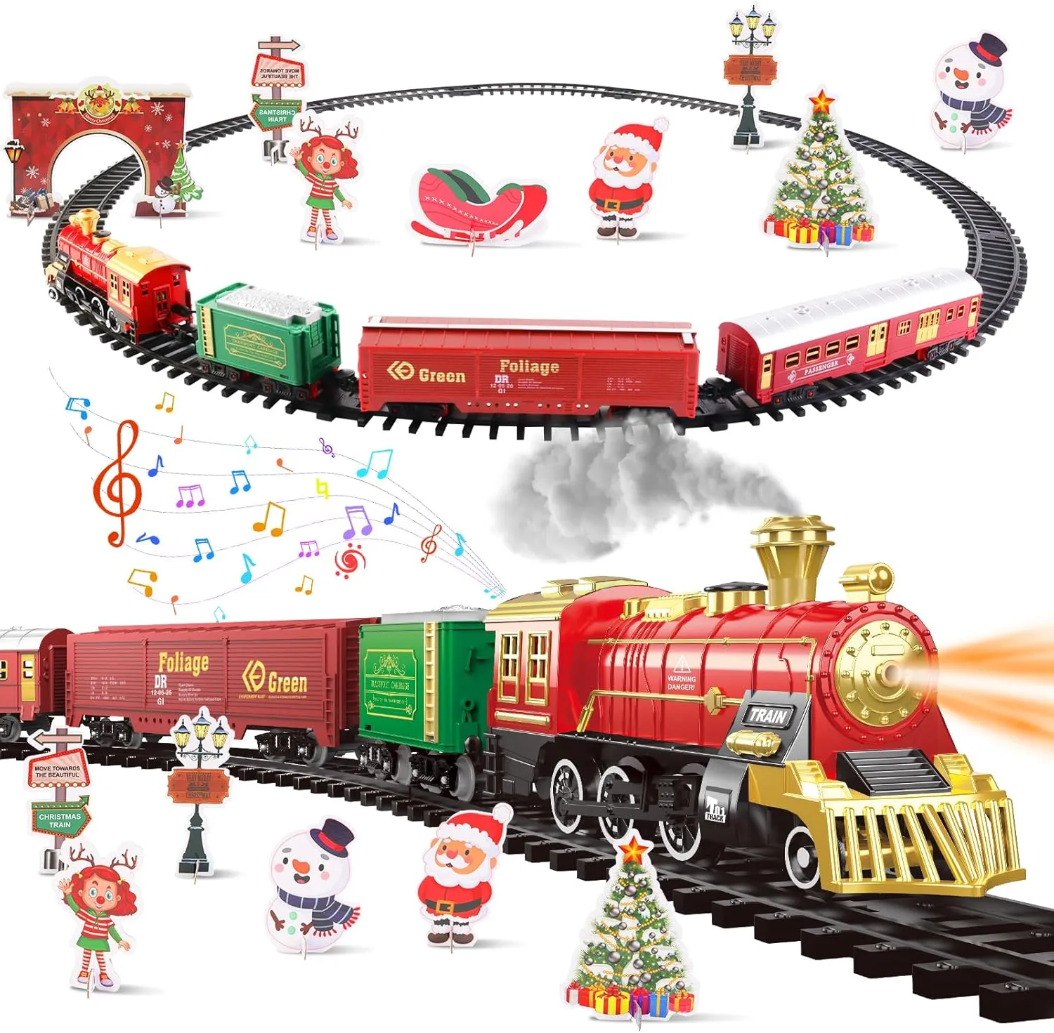 deAO Train Set Christmas Train Set Toys for Kids with Smoke, Light and Sound, Christmas Tree Train Toys, Tracks,Electric Train Track Playset for Boys Girls 3 