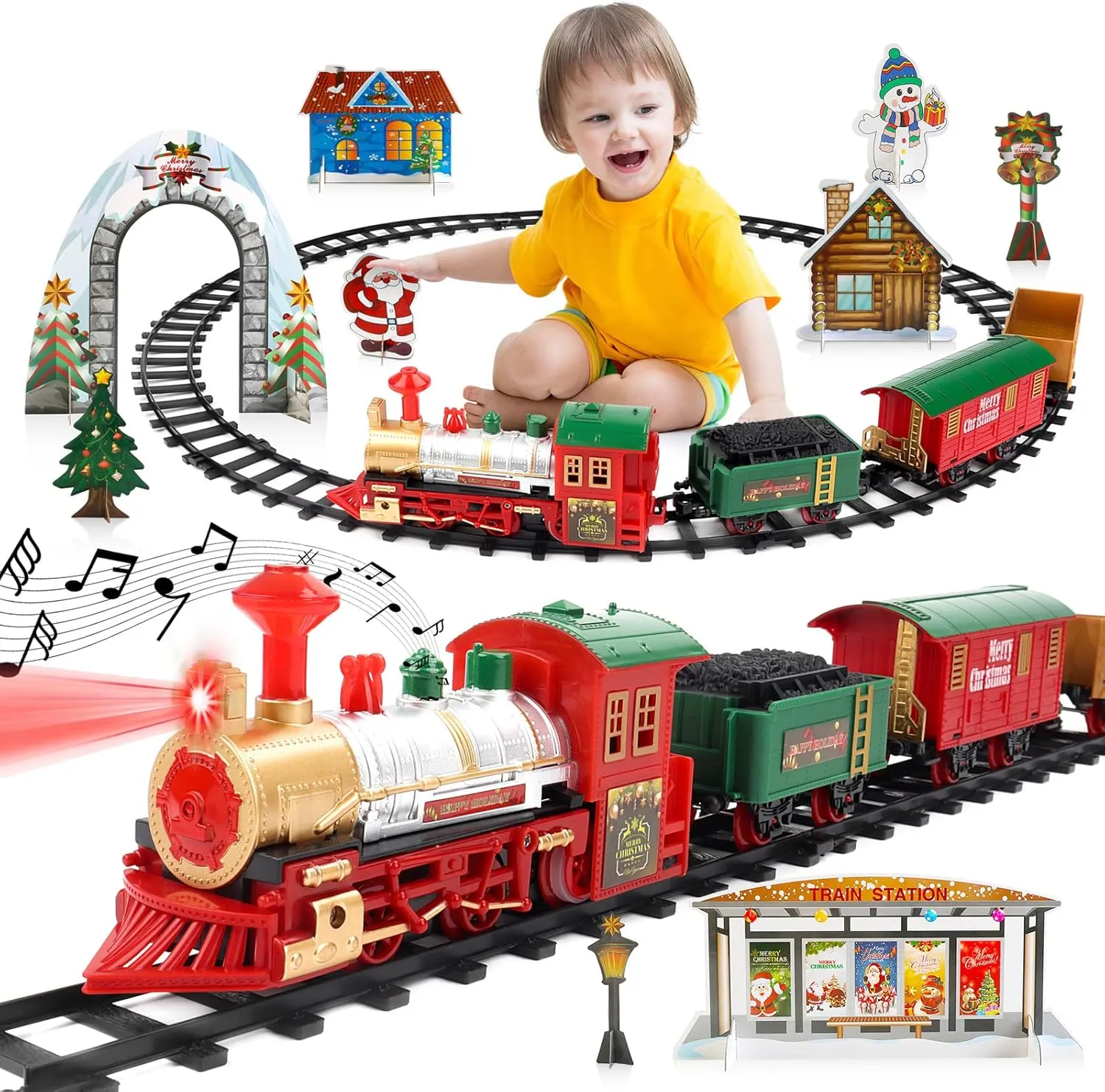 deAO Train Set for Christmas Tree,Classical Christmas Train Set with Headlight, Realistic Sounds, 4 Cars Carriage and Tracks, Best Gift for Christmas Décor Under The Christmas Tree