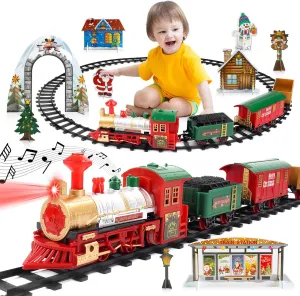 deAO Train Set for Christmas Tree,Classical Christmas Train Set with Headlight, Realistic Sounds, 4 Cars Carriage and Tracks, Best Gift for Christmas Décor Under The Christmas Tree