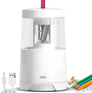 Deli Electric Pencil Sharpener, Automatic Pencil Sharpeners for No.2 Pencils Colored Pencils, Auto Stop, USB & Battery Operated for Kids, Students, Classroom, Home and Office, White