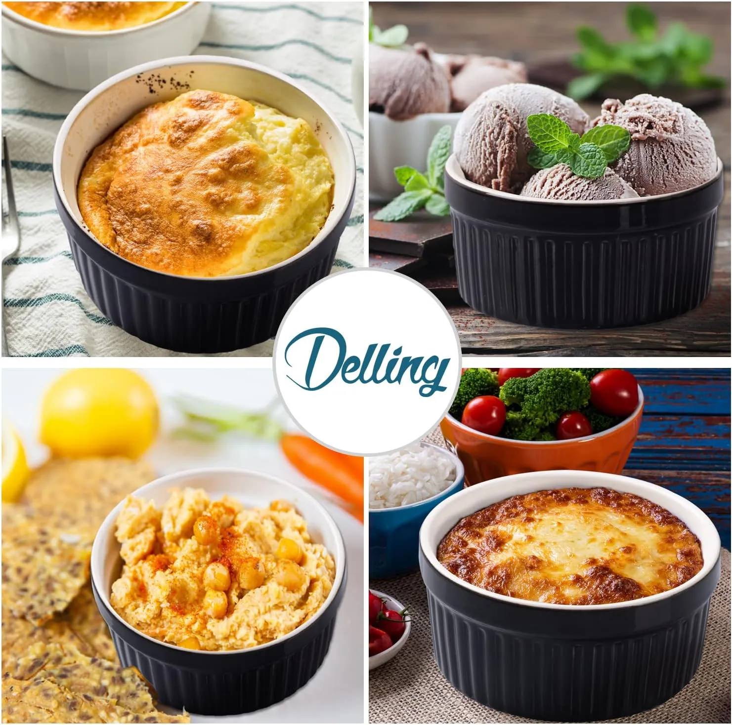 Delling Ramekins 12 Oz/Dessert/Snack/Bowls, Ceramic Creme Brulee Set, Porcelain Souffle Dish Ramiken for Baking, Ice Cream, Small Serving Bowls Black Set of 6