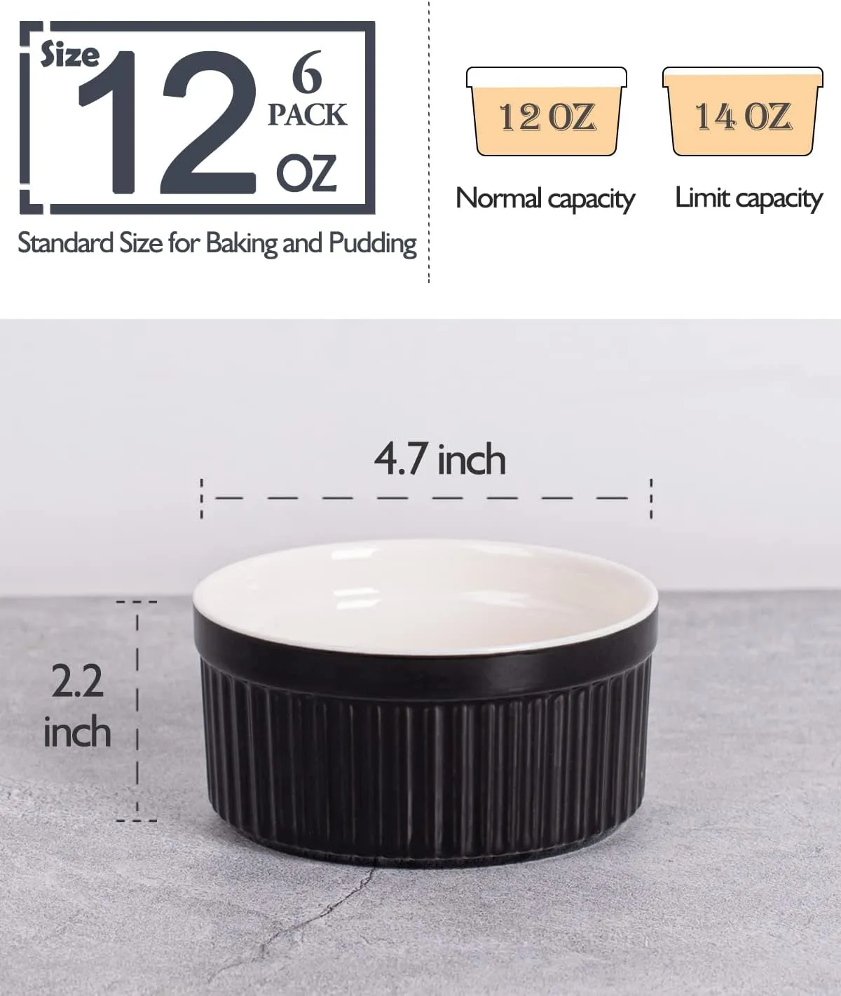 Delling Ramekins 12 Oz/Dessert/Snack/Bowls, Ceramic Creme Brulee Set, Porcelain Souffle Dish Ramiken for Baking, Ice Cream, Small Serving Bowls Black Set of 6