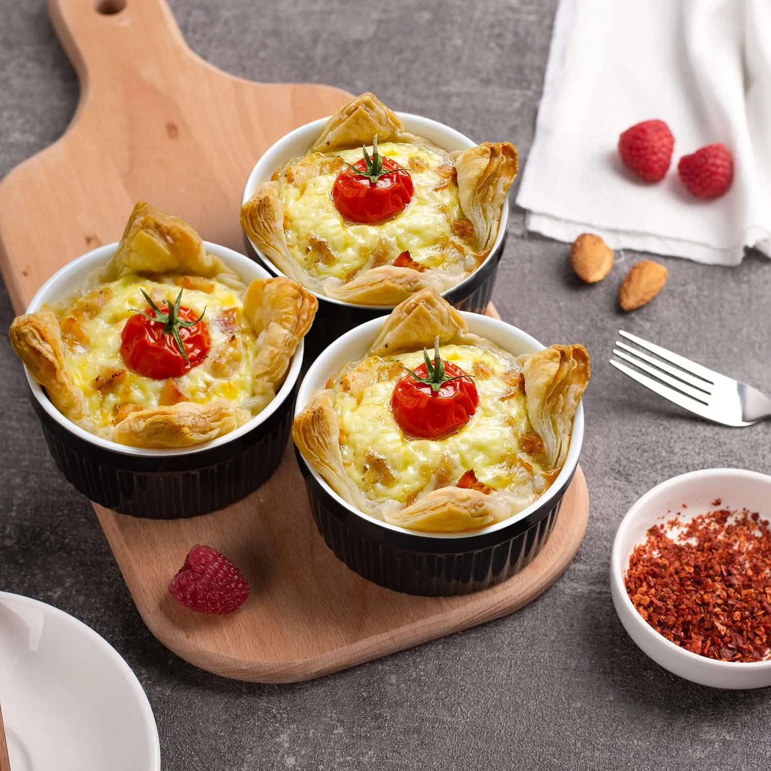 Delling Ramekins 12 Oz/Dessert/Snack/Bowls, Ceramic Creme Brulee Set, Porcelain Souffle Dish Ramiken for Baking, Ice Cream, Small Serving Bowls Black Set of 6