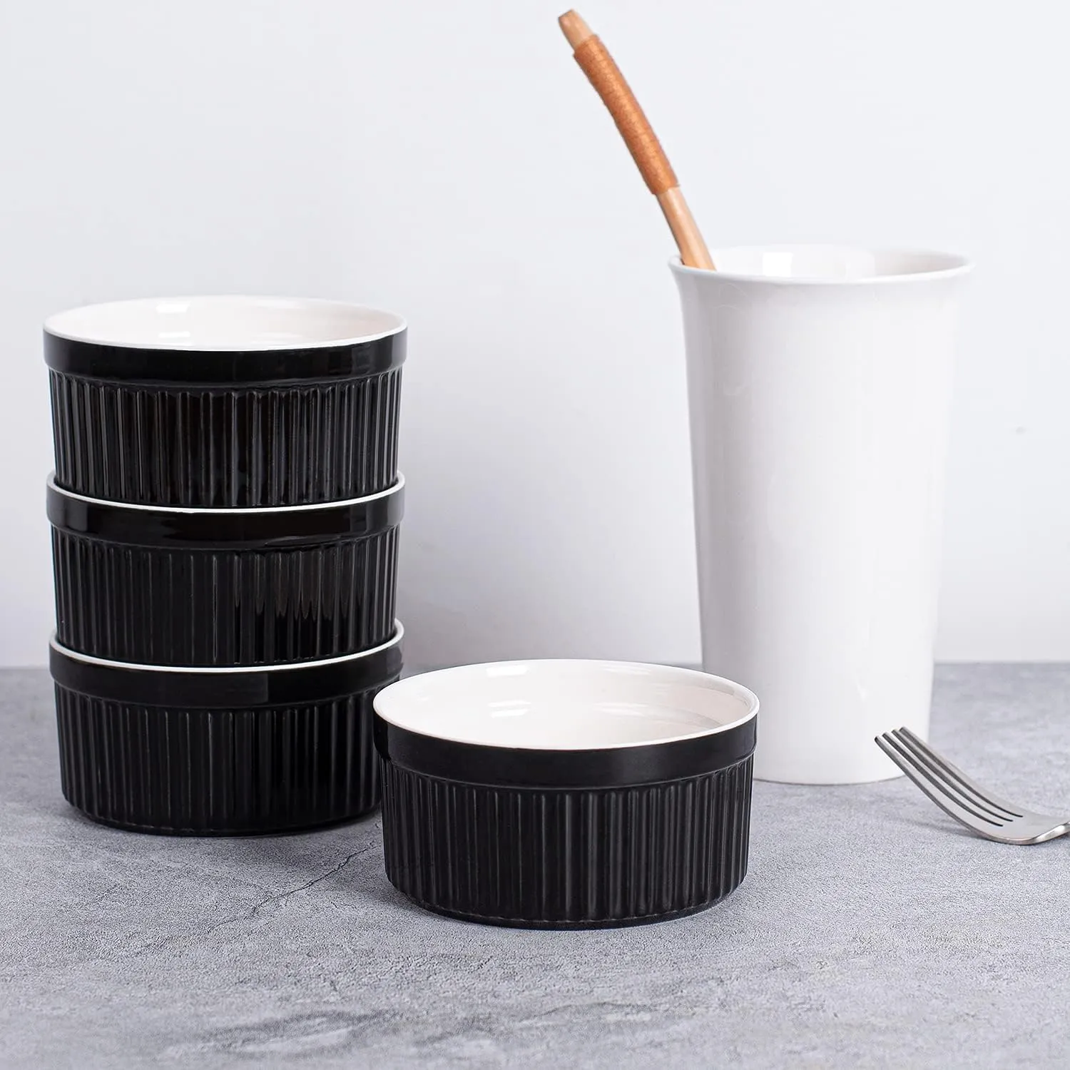 Delling Ramekins 12 Oz/Dessert/Snack/Bowls, Ceramic Creme Brulee Set, Porcelain Souffle Dish Ramiken for Baking, Ice Cream, Small Serving Bowls Black Set of 6