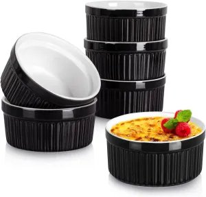 Delling Ramekins 12 Oz/Dessert/Snack/Bowls, Ceramic Creme Brulee Set, Porcelain Souffle Dish Ramiken for Baking, Ice Cream, Small Serving Bowls Black Set of 6