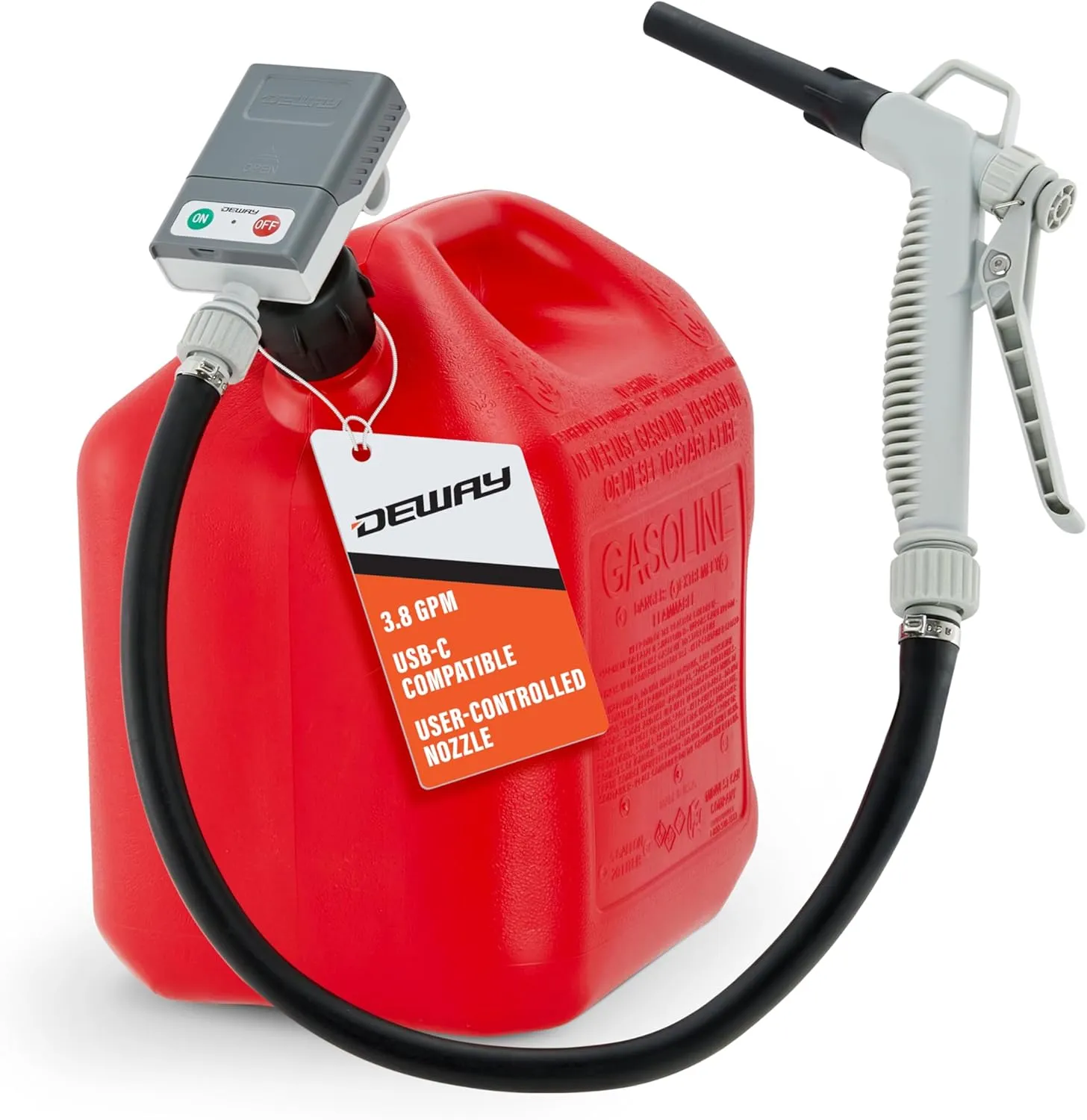 DeWay Gas Can Fuel Transfer Pump with Trigger Nozzle | Fast 3.8 GPM Flow Rate, 51” Rubber Hose & 4 Can Adapters for Gasoline, Kerosene, Diesel & Non-Potables | USB-C Cable & Battery Power