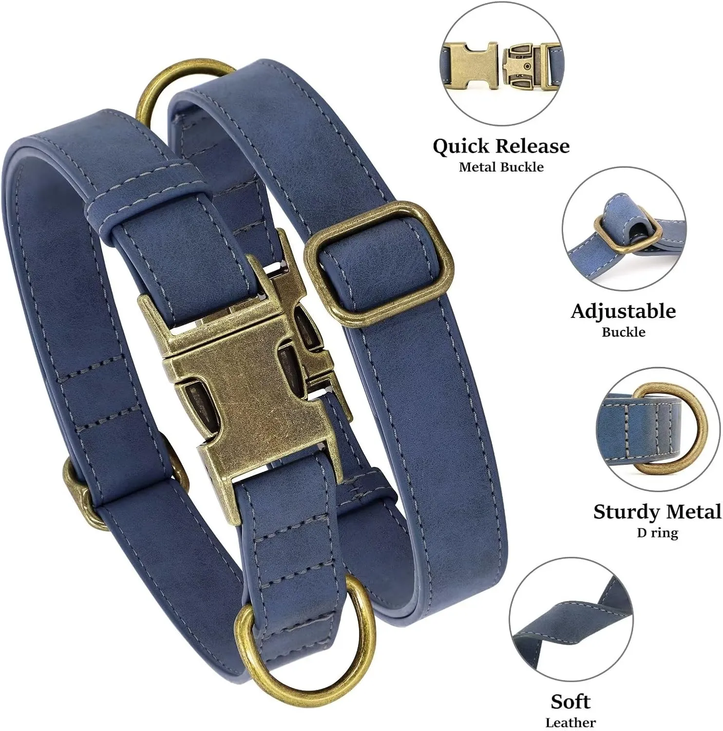 Didog Soft Leather Dog Collar, Durable Quick Released Dog Collars with Metal Buckle, Adjustable Pet Collar Faux Leather for Large Medium Dogs, Blue, L Fit 15-23" Neck