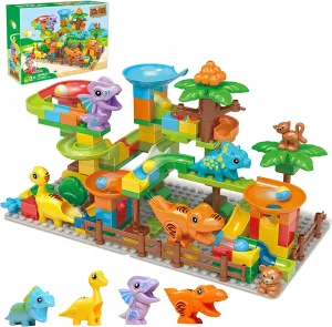 Dinosaur Marble Run Big Building Blocks, Montessori Learning STEM Toy Bricks Maze Puzzle Set Race Track Compatible with Major Brands, 135 PCS Classic Big Blocks Toys for Kids Age 3,4,5,6,7,8 