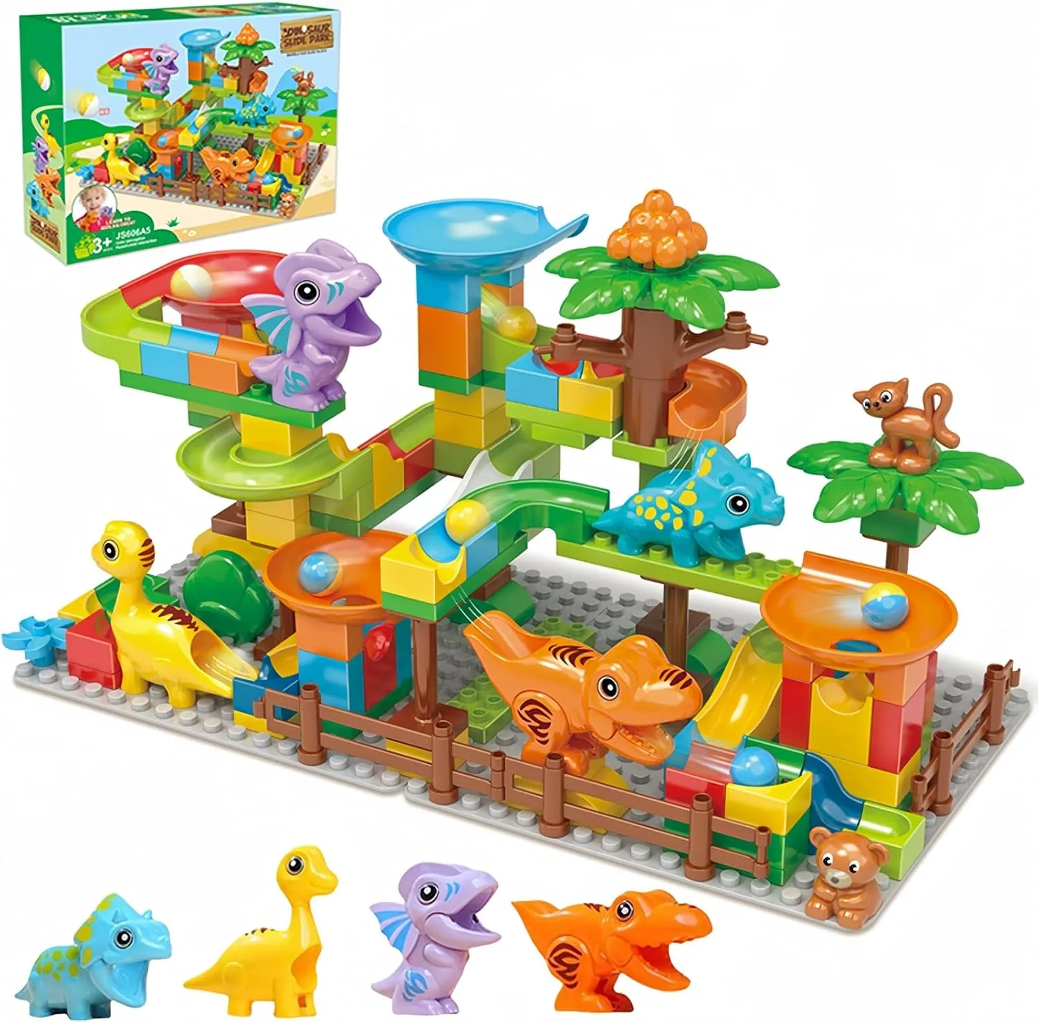 Dinosaur Marble Run Big Building Blocks, Montessori Learning STEM Toy Bricks Maze Puzzle Set Race Track Compatible with Major Brands, 135 PCS Classic Big Blocks Toys for Kids Age 3,4,5,6,7,8 