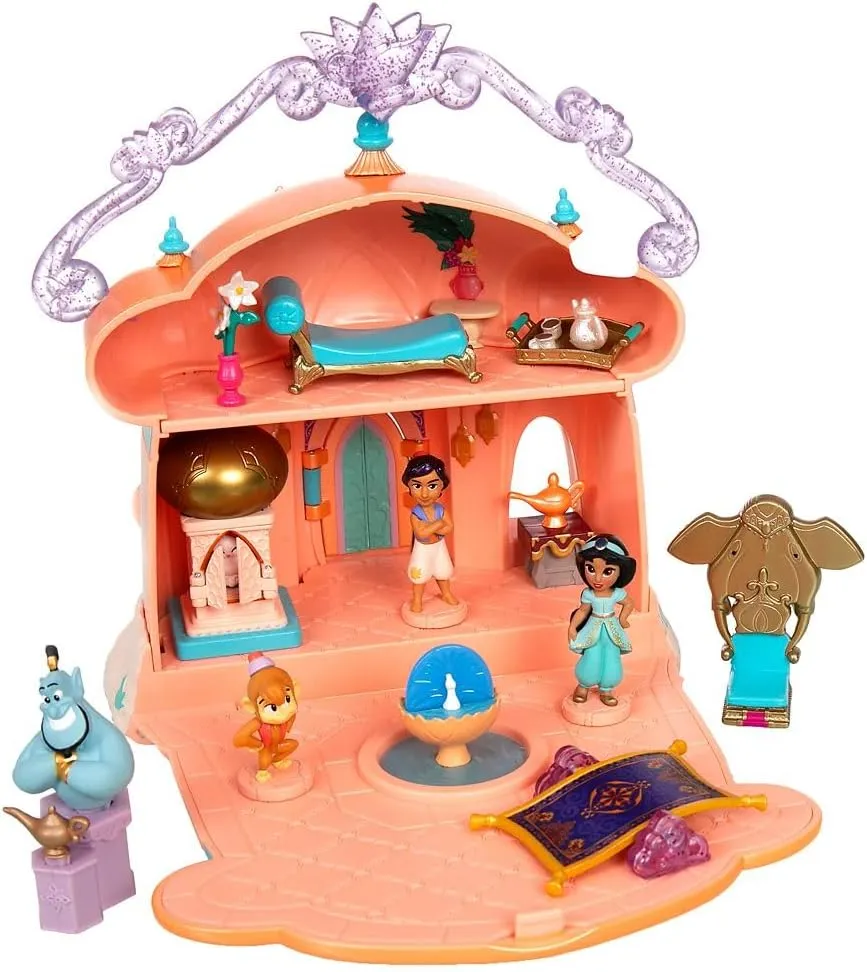 DISNEY STORE Official Jasmine Palace Micro Play Set, Micro Toy Set Includes Jasmine, Aladdin, Genie and Abu Micro Figures, Travel Toy Portable Playset with Handle, Travel Toys with Surprise Reveals