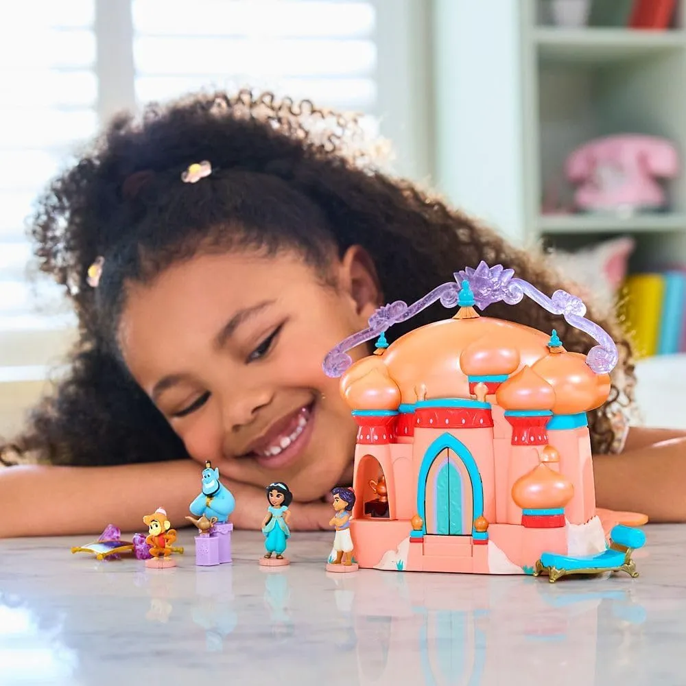 DISNEY STORE Official Jasmine Palace Micro Play Set, Micro Toy Set Includes Jasmine, Aladdin, Genie and Abu Micro Figures, Travel Toy Portable Playset with Handle, Travel Toys with Surprise Reveals