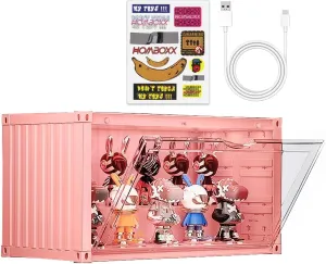 Display Case for Pop Figures with Voice-Activated Lighting System for Collectible Mini Toys Funko Pop Action Figures, 13.8 in x 7.5 in x 6.7 in Dustproof Showcase(Pink)
