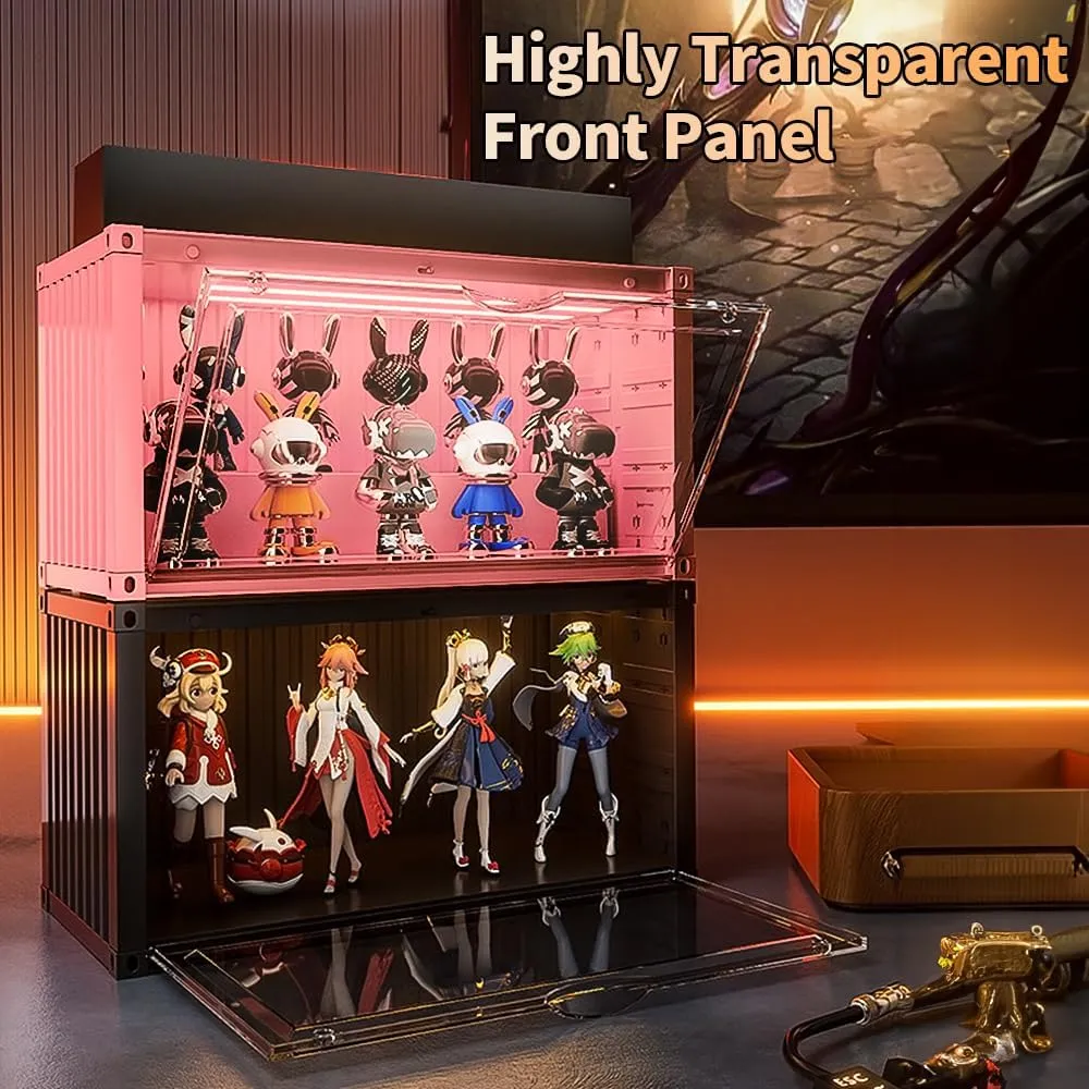 Display Case for Pop Figures with Voice-Activated Lighting System for Collectible Mini Toys Funko Pop Action Figures, 13.8 in x 7.5 in x 6.7 in Dustproof Showcase(Pink)