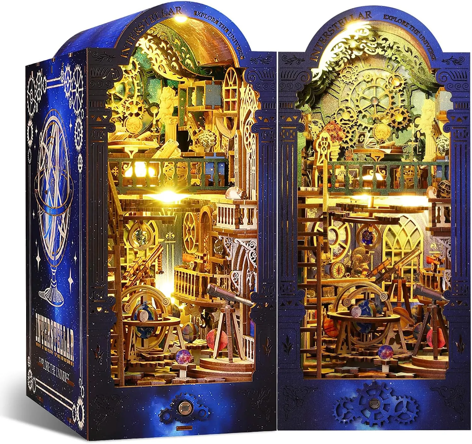 DIY Book Nook Kit Dollhouse Magic Booknook Bookshelf Insert Decor 3D Wooden Puzzle Bookend Miniature Kit with Sensor Light Creative Craft/Home Decoration for Adult (Interstellar Exploration)