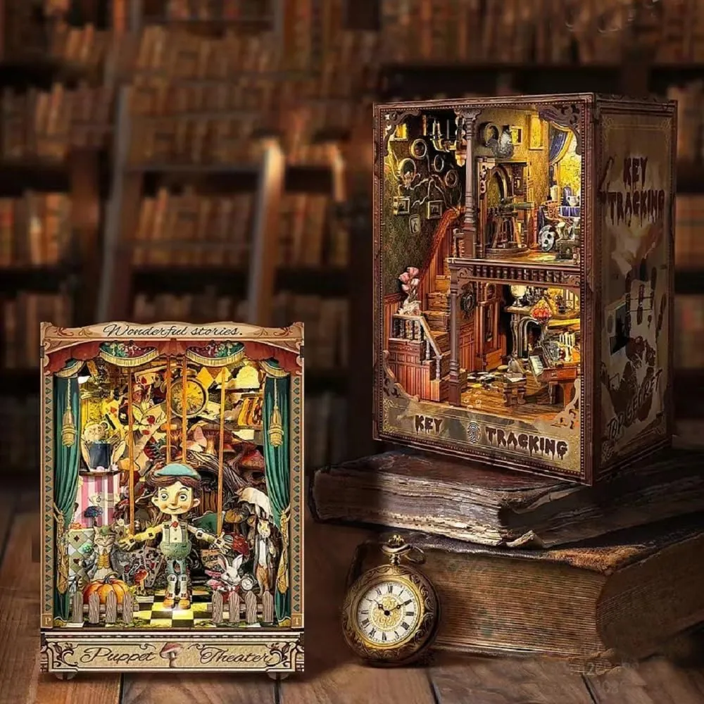 DIY Book Nook Kit for Adults Miniature House Dollhouse Wooden 3D Puzzle Bookend Bookshelf Insert Decor, Marionette Theater Booknook with Dust Cover and LED Light