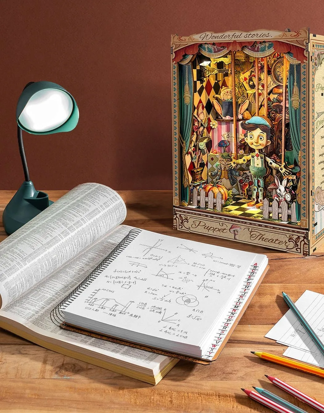 DIY Book Nook Kit for Adults Miniature House Dollhouse Wooden 3D Puzzle Bookend Bookshelf Insert Decor, Marionette Theater Booknook with Dust Cover and LED Light