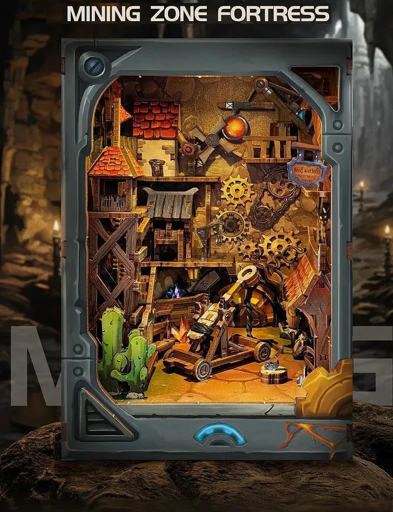 DIY Book Nook Kit for Adults Miniature House Wooden 3D Bookshelf Explore Fantasy Unknown World Desktop Decor Gift(Mining Zone Fortress)