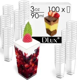 DLux 100 x 3 oz Mini Dessert Cups (no Spoons), Square Tall - Clear Plastic Parfait Appetizer Cup - Small Reusable Serving Bowl for Tasting Party Desserts Appetizers - With Recipe eBook