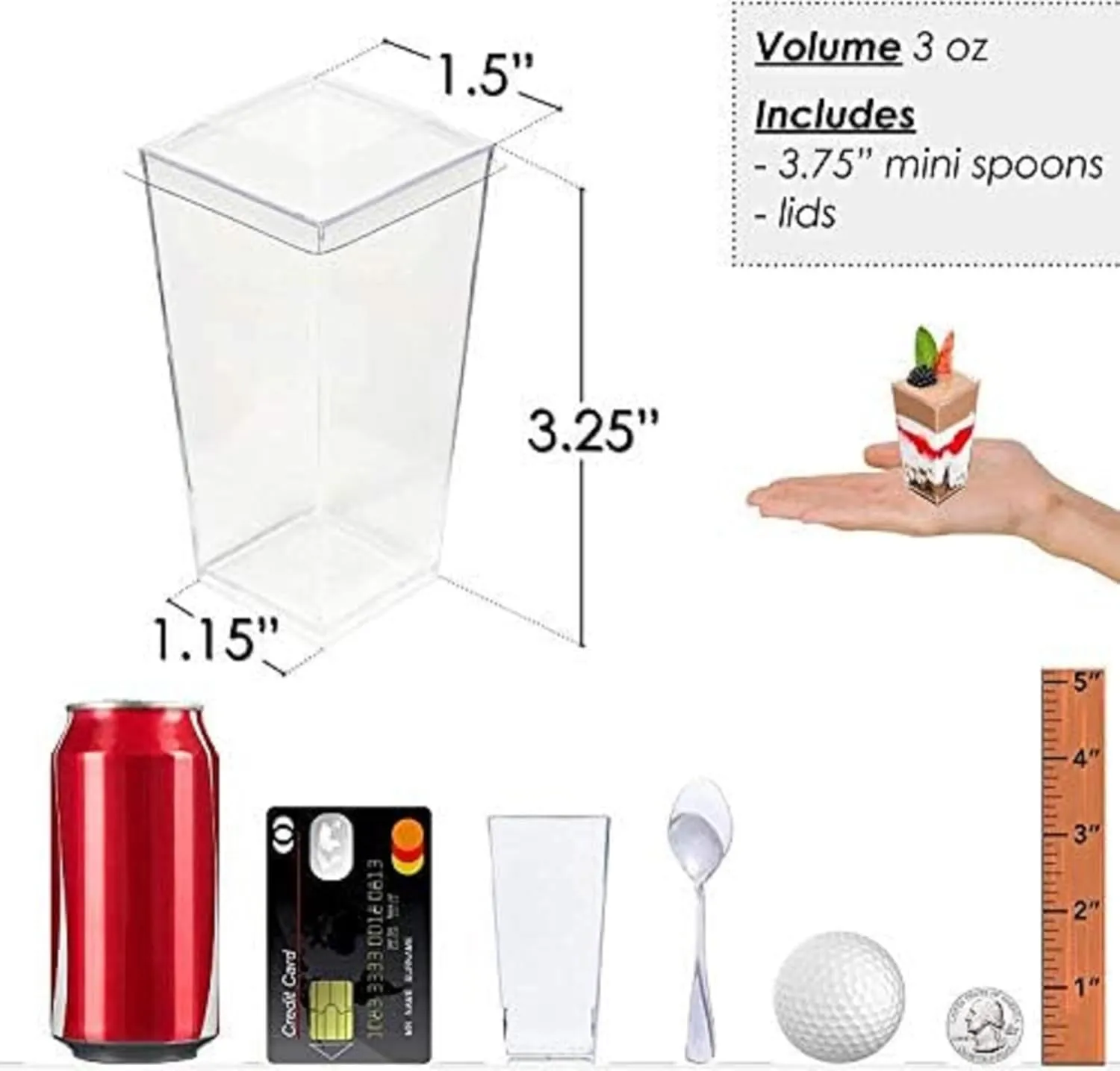 DLux 100 x 3 oz Mini Dessert Cups with Spoons and Lids, Square Tall - Clear Plastic Parfait Appetizer Cup - Small Reusable Serving Bowl for Party Desserts Appetizers - With Recipe Ebook