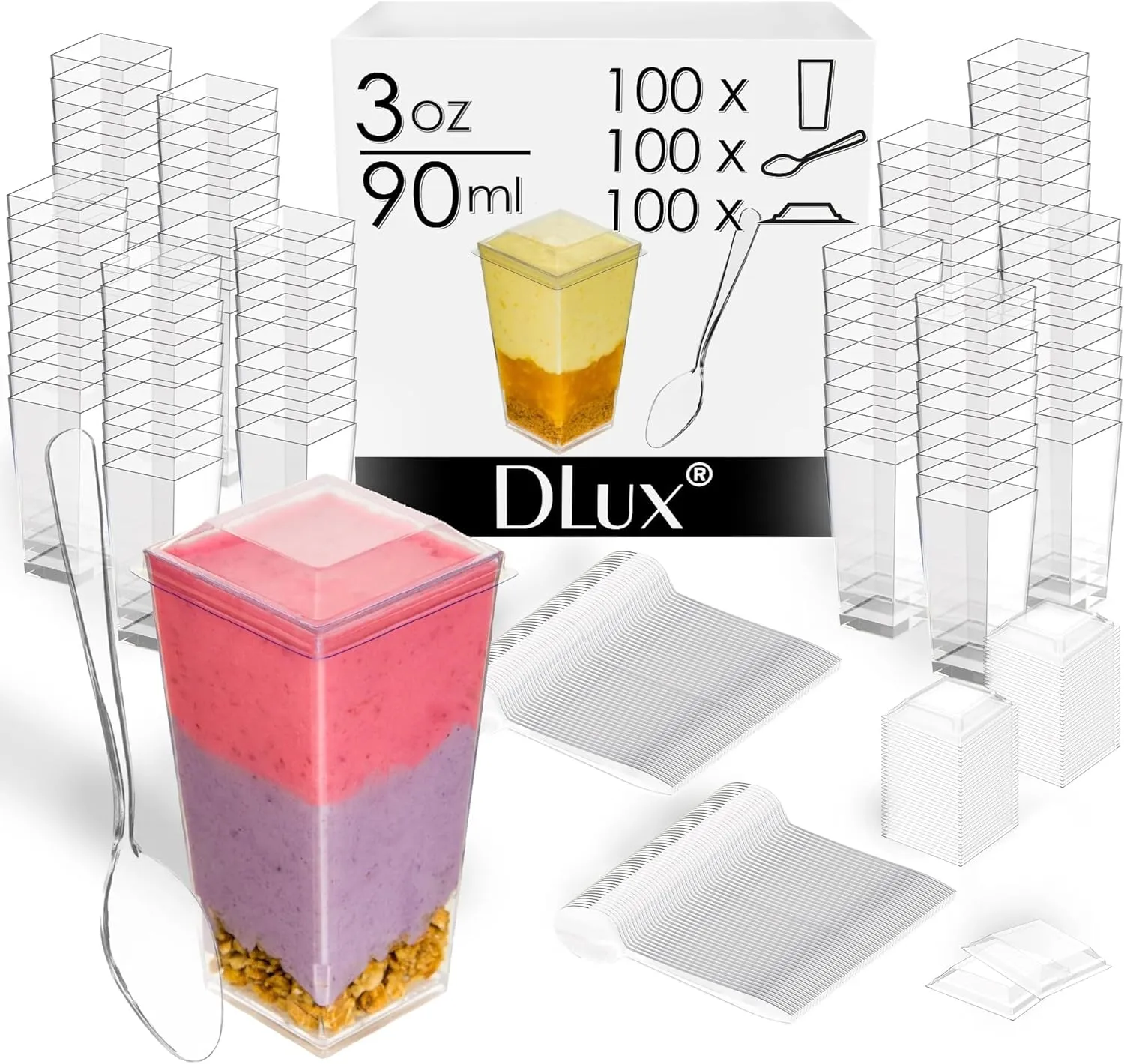 DLux 100 x 3 oz Mini Dessert Cups with Spoons and Lids, Square Tall - Clear Plastic Parfait Appetizer Cup - Small Reusable Serving Bowl for Party Desserts Appetizers - With Recipe Ebook
