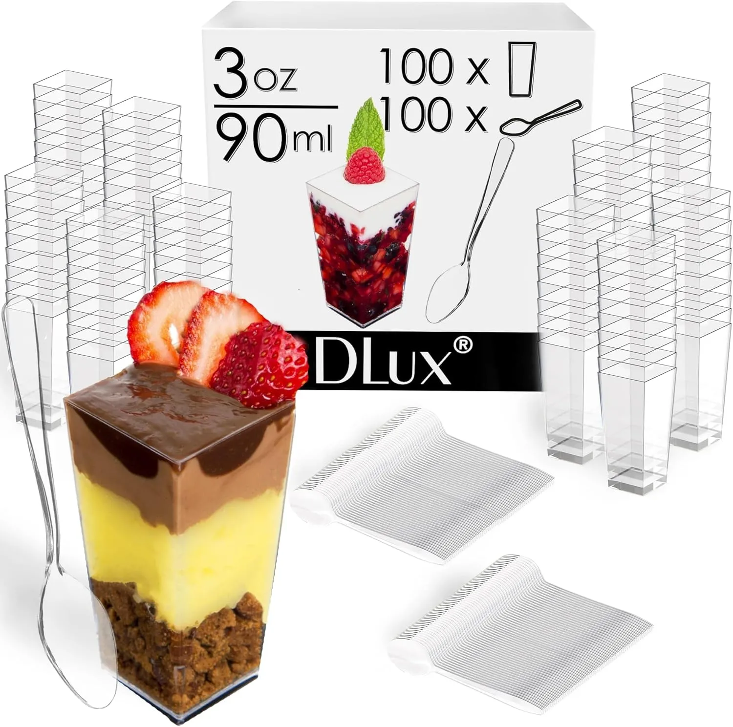 DLux 100 x 3 oz Mini Dessert Cups with Spoons, Square Tall - Clear Plastic Parfait Appetizer Cup - Small Reusable Serving Bowl for Party Desserts Appetizers - with Recipe Ebook