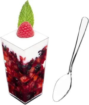 DLux 100 x 3 oz Mini Dessert Cups with Spoons, Square Tall - Clear Plastic Parfait Appetizer Cup - Small Reusable Serving Bowl for Party Desserts Appetizers - with Recipe Ebook