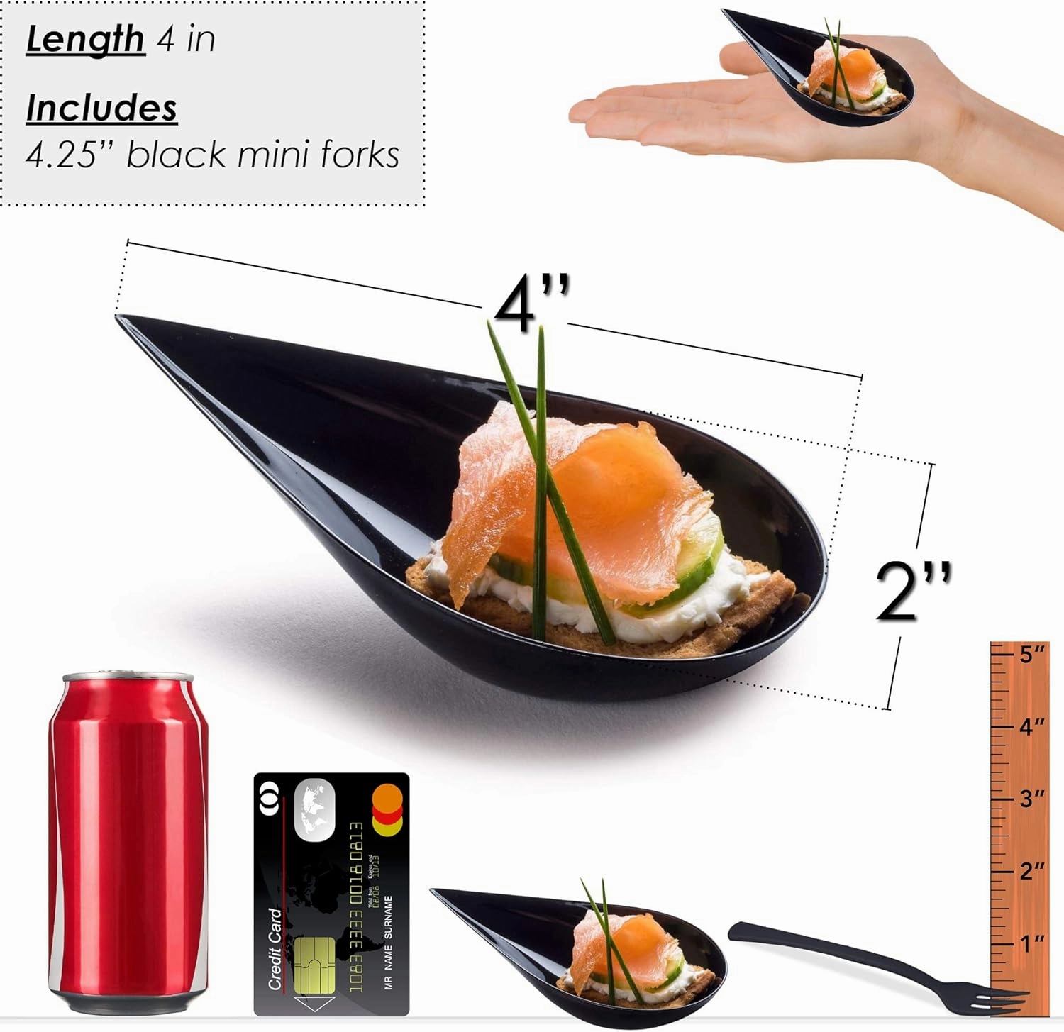 DLux 100 4-in Tear Drop Mini Appetizer Plates with Forks,Reusable Black Plastic Spoons - Desserts and Appetizers Dishes Serving Plate - Asian Spoon Set, Small Catering Dessert Tasting Cups