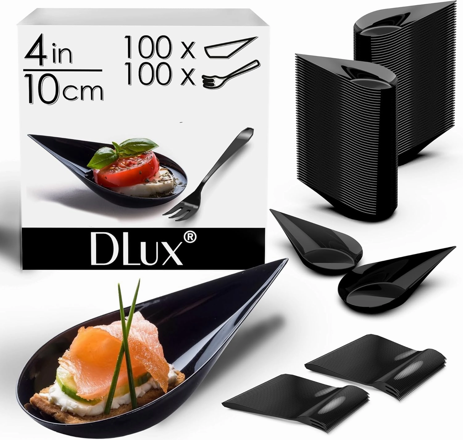 DLux 100 4-in Tear Drop Mini Appetizer Plates with Forks,Reusable Black Plastic Spoons - Desserts and Appetizers Dishes Serving Plate - Asian Spoon Set, Small Catering Dessert Tasting Cups