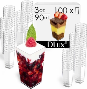 DLux 100 x 3 oz Mini Dessert Cups (no Spoons), Square Tall - Clear Plastic Parfait Appetizer Cup - Small Reusable Serving Bowl for Tasting Party Desserts Appetizers - With Recipe eBook
