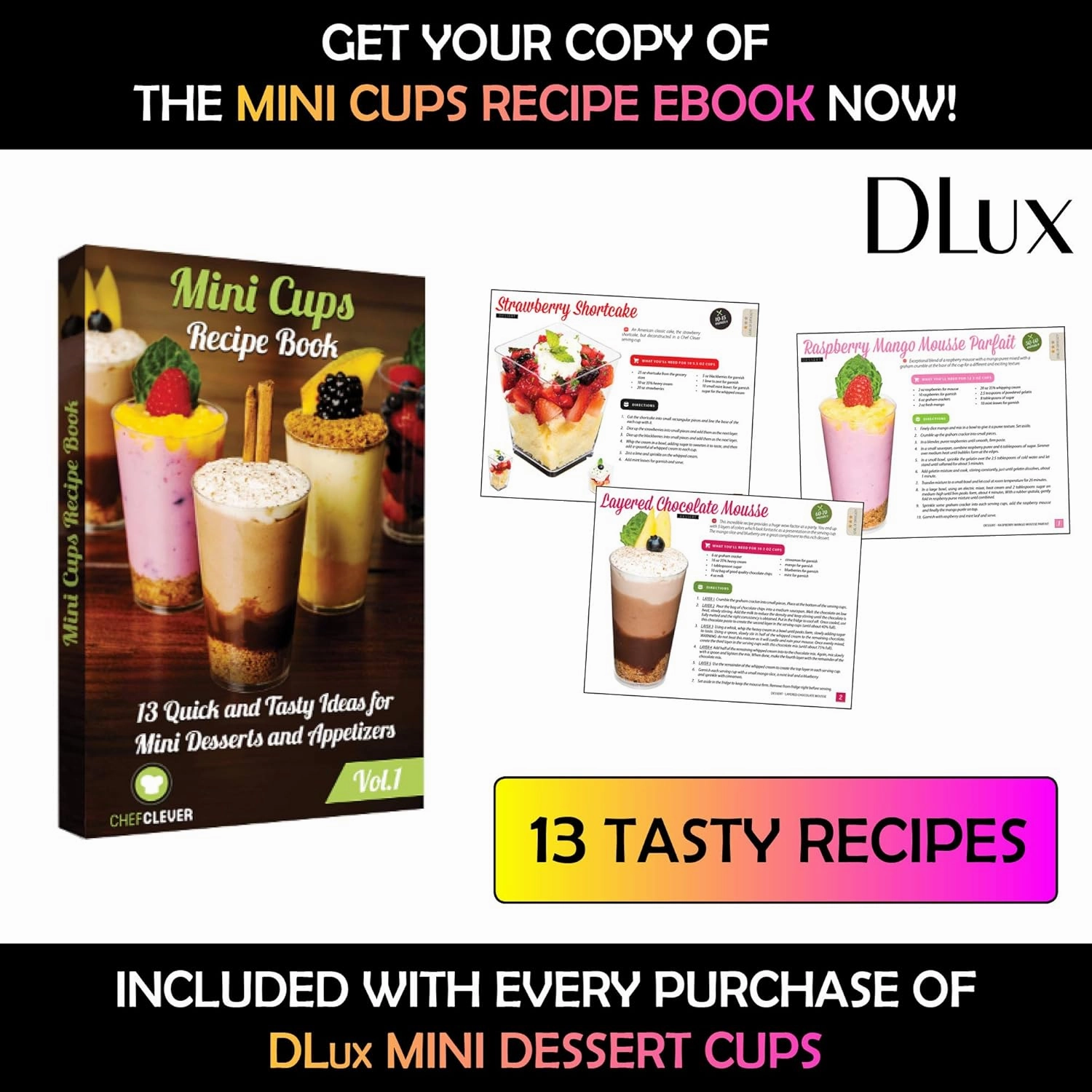DLux 100 x 3 oz Mini Dessert Cups (no Spoons), Square Tall - Clear Plastic Parfait Appetizer Cup - Small Reusable Serving Bowl for Tasting Party Desserts Appetizers - With Recipe eBook