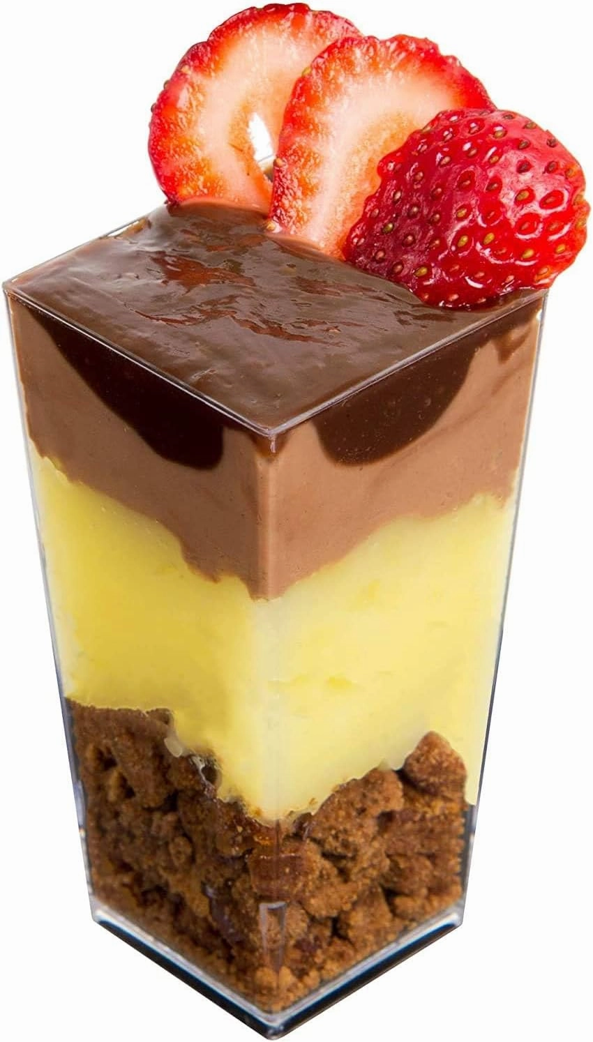 DLux 100 x 3 oz Mini Dessert Cups (no Spoons), Square Tall - Clear Plastic Parfait Appetizer Cup - Small Reusable Serving Bowl for Tasting Party Desserts Appetizers - With Recipe eBook