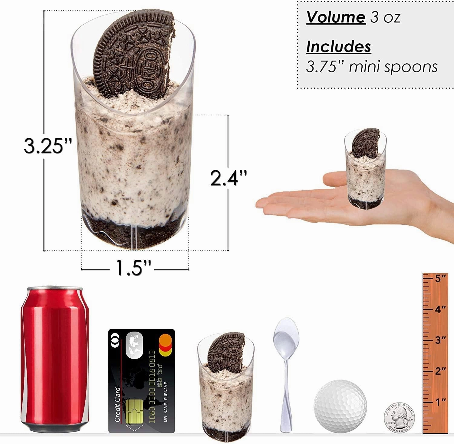 DLux 28 x 3 oz Mini Dessert Cups with Spoons, Slanted Triangle - Clear Plastic Parfait Appetizer Cup - Small Reusable Serving Bowl for Tasting Party Desserts Appetizers - With Recipe Ebook