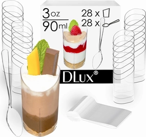 DLux 28 x 3 oz Mini Dessert Cups with Spoons, Slanted Triangle - Clear Plastic Parfait Appetizer Cup - Small Reusable Serving Bowl for Tasting Party Desserts Appetizers - With Recipe Ebook