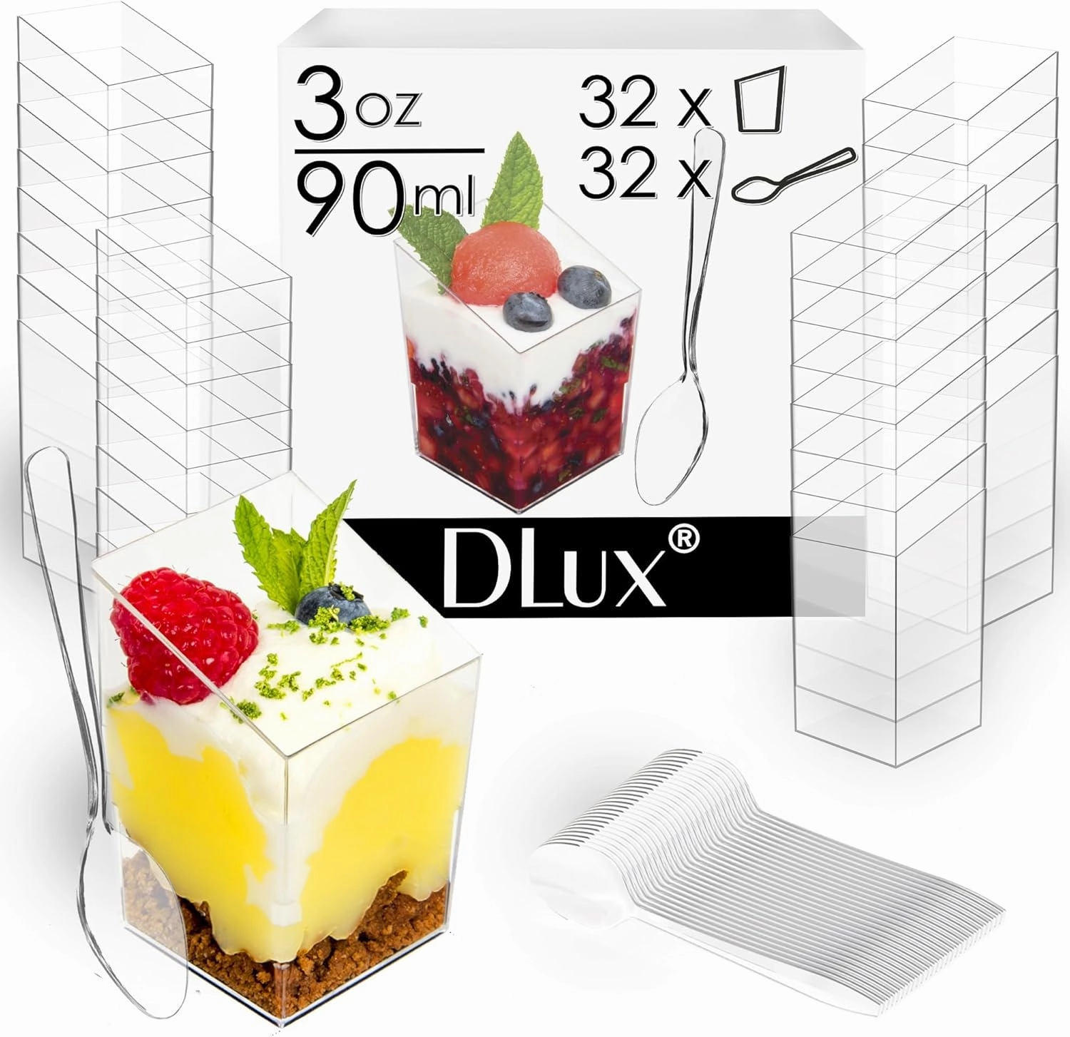 DLux 32 x 3 oz Mini Dessert Cups with Spoons, Square Slanted - Clear Plastic Parfait Appetizer Cup - Small Reusable Serving Bowl for Tasting Party Desserts Appetizers - With Recipe Ebook
