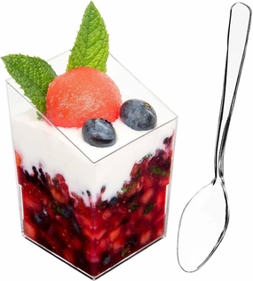DLux 32 x 3 oz Mini Dessert Cups with Spoons, Square Slanted - Clear Plastic Parfait Appetizer Cup - Small Reusable Serving Bowl for Tasting Party Desserts Appetizers - With Recipe Ebook