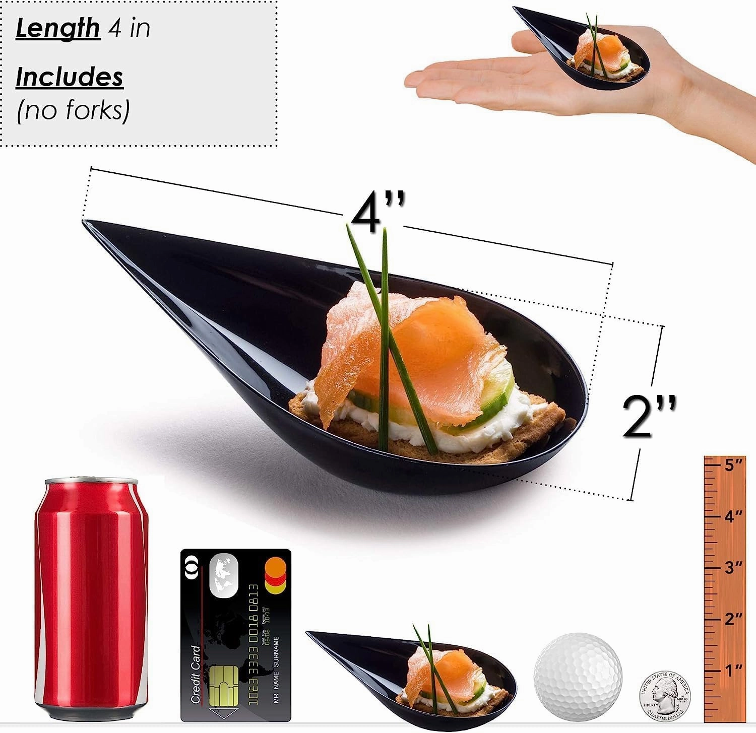 DLux 500 4-in Tear Drop Mini Appetizer Plates, Reusable Black Plastic Spoons - Desserts and Appetizers Dishes Serving Plate - Asian Spoon Set, Small Catering Dessert Tasting Cups - with Recipe Ebook