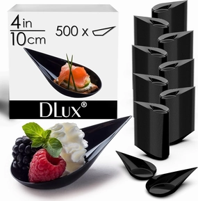 DLux 500 4-in Tear Drop Mini Appetizer Plates, Reusable Black Plastic Spoons - Desserts and Appetizers Dishes Serving Plate - Asian Spoon Set, Small Catering Dessert Tasting Cups - with Recipe Ebook