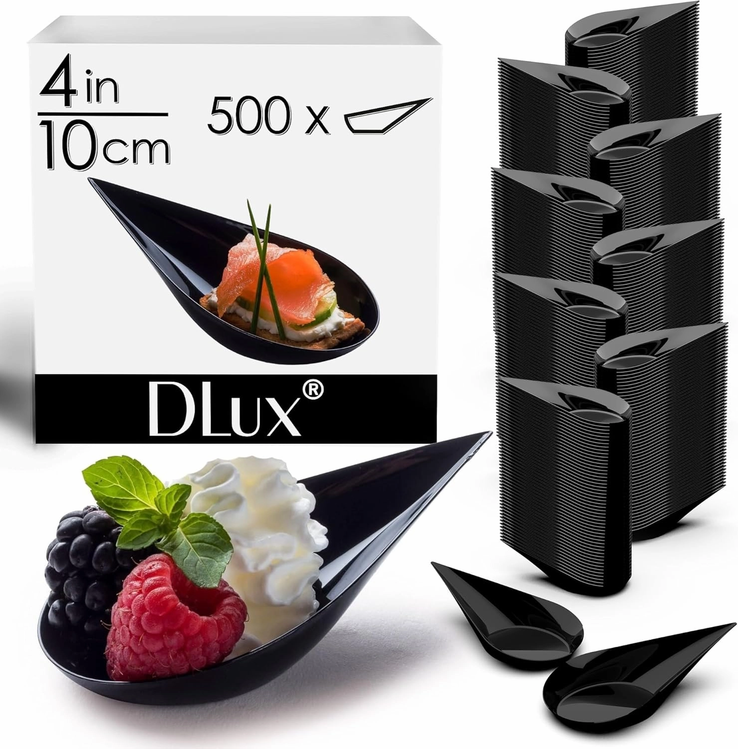 DLux 500 4-in Tear Drop Mini Appetizer Plates, Reusable Black Plastic Spoons - Desserts and Appetizers Dishes Serving Plate - Asian Spoon Set, Small Catering Dessert Tasting Cups - with Recipe Ebook