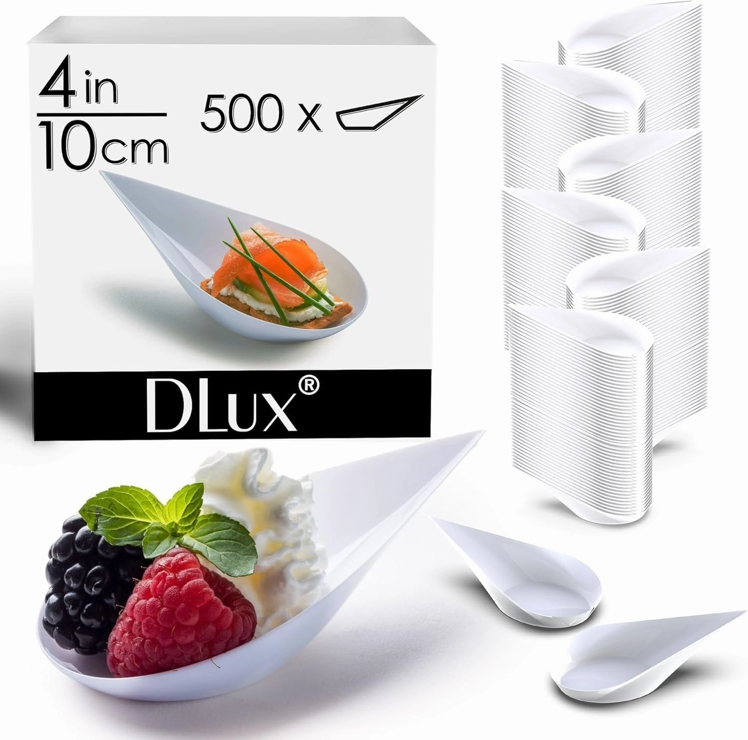 DLux 500 4-in Tear Drop Mini Appetizer Plates, Reusable White Plastic Spoons - Desserts and Appetizers Dishes Serving Plate - Asian Spoon Set, Small Catering Dessert Tasting Cups - with Recipe Ebook