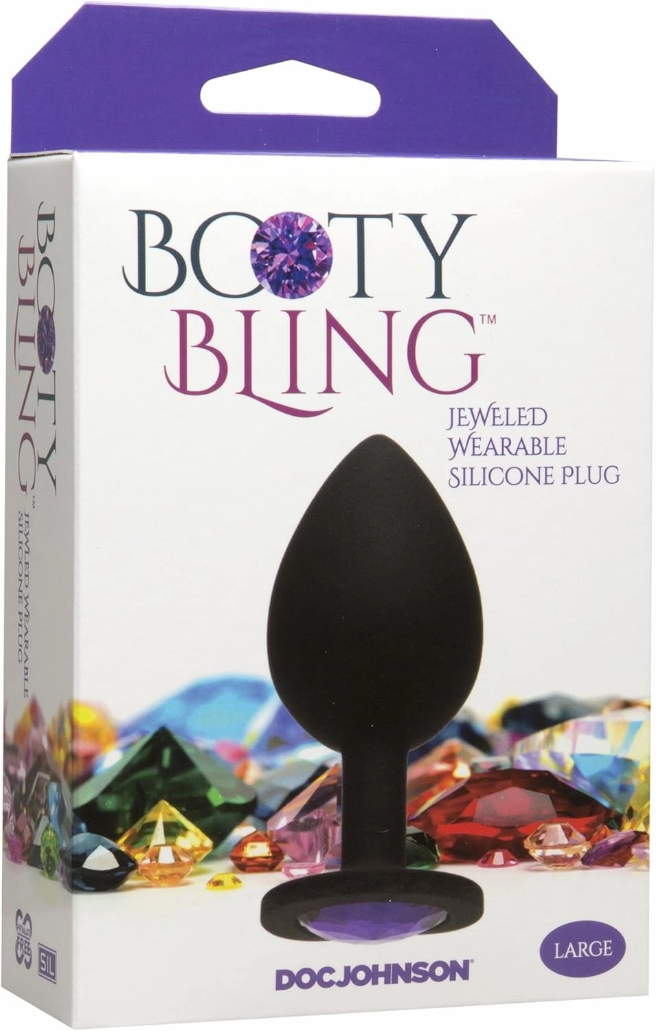 Doc Johnson Booty Bling - Spade Shaped Silicone Anal Plug with Jeweled Base - 3.8" Long and 1.5" Wide - Large - Purple Jewel
