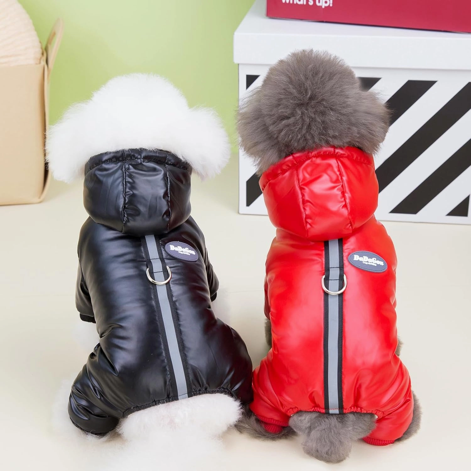 Dog Coat Windproof Jacket Cold Weather Coat 4 Legs Warm Dog Jumpsuit Winter Thick Clothes Snow Proof Coat Cotton Dog Coat for Small Dog Medium Dog Cat Black M