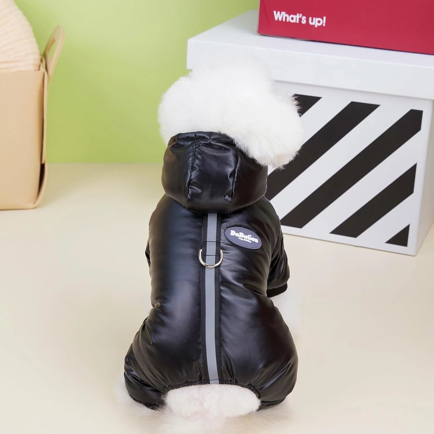 Dog Coat Windproof Jacket Cold Weather Coat 4 Legs Warm Dog Jumpsuit Winter Thick Clothes Snow Proof Coat Cotton Dog Coat for Small Dog Medium Dog Cat Black M