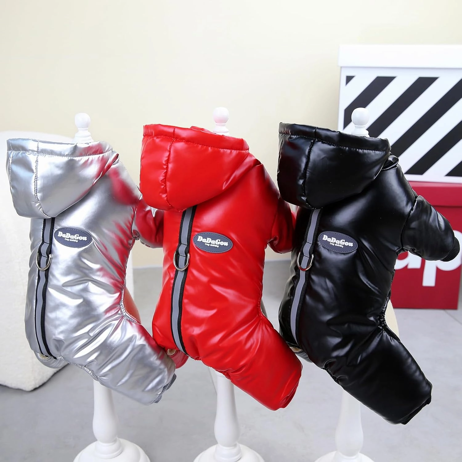Dog Coat Windproof Jacket Cold Weather Coat 4 Legs Warm Dog Jumpsuit Winter Thick Clothes Snow Proof Coat Cotton Dog Coat for Small Dog Medium Dog Cat Black M