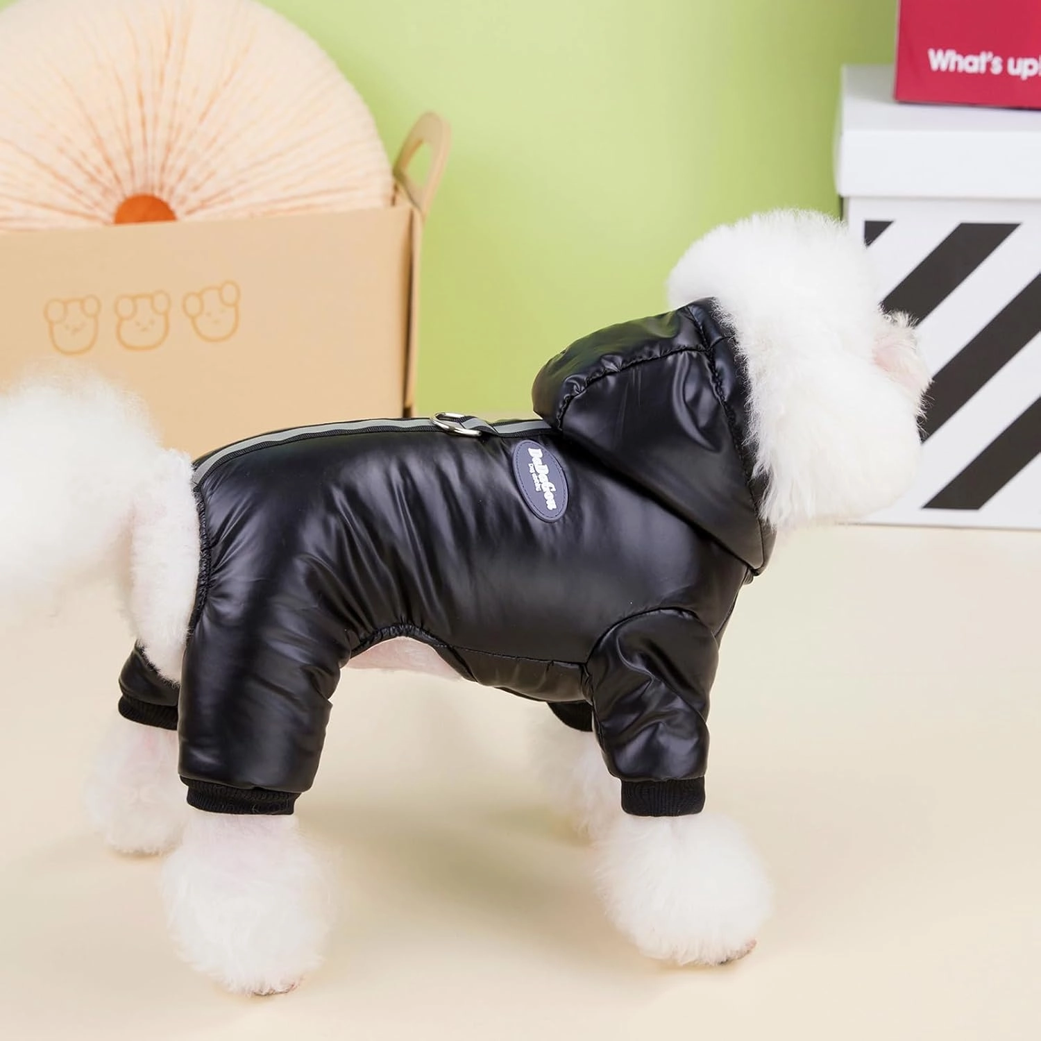 Dog Coat Windproof Jacket Cold Weather Coat 4 Legs Warm Dog Jumpsuit Winter Thick Clothes Snow Proof Coat Cotton Dog Coat for Small Dog Medium Dog Cat Black M
