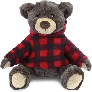 DolliBu Plush Brown Bear with Red Plaid Hoodie - Soft Huggable Wild Life Brown Bear, Adorable Playtime Zoo Brown Bear Plush, Cute Cuddle Gift for Kids and Adults