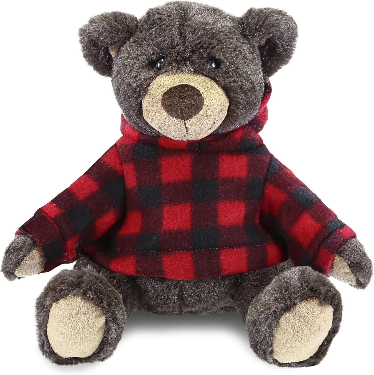 DolliBu Plush Brown Bear with Red Plaid Hoodie - Soft Huggable Wild Life Brown Bear, Adorable Playtime Zoo Brown Bear Plush, Cute Cuddle Gift for Kids and Adults